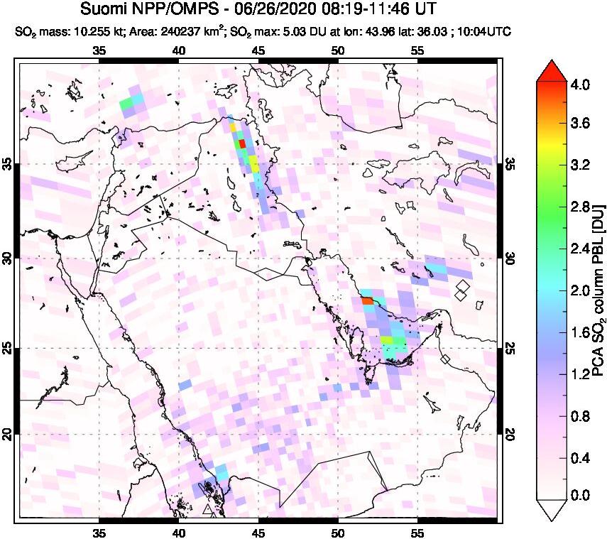 A sulfur dioxide image over Middle East on Jun 26, 2020.