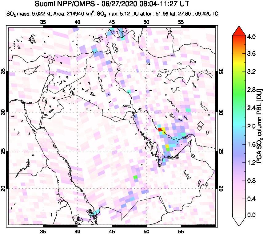 A sulfur dioxide image over Middle East on Jun 27, 2020.
