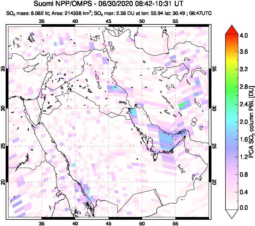 A sulfur dioxide image over Middle East on Jun 30, 2020.