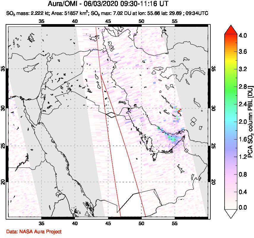 A sulfur dioxide image over Middle East on Jun 03, 2020.