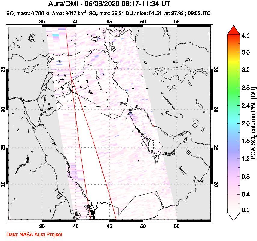 A sulfur dioxide image over Middle East on Jun 08, 2020.