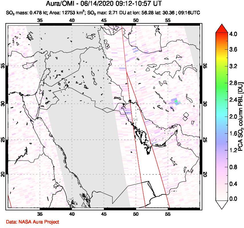 A sulfur dioxide image over Middle East on Jun 14, 2020.
