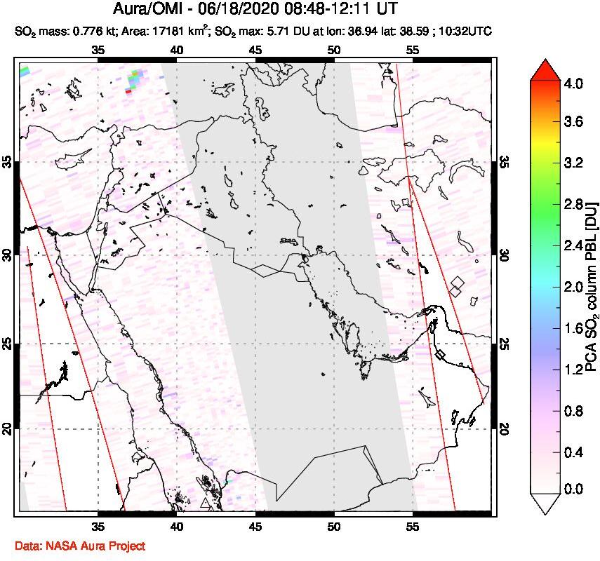 A sulfur dioxide image over Middle East on Jun 18, 2020.