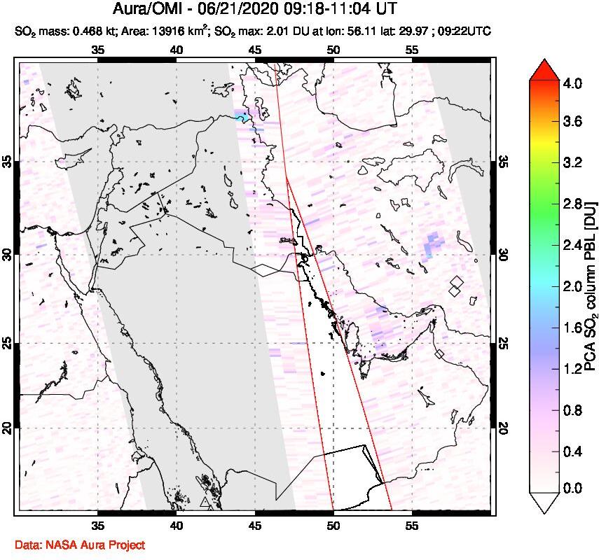A sulfur dioxide image over Middle East on Jun 21, 2020.