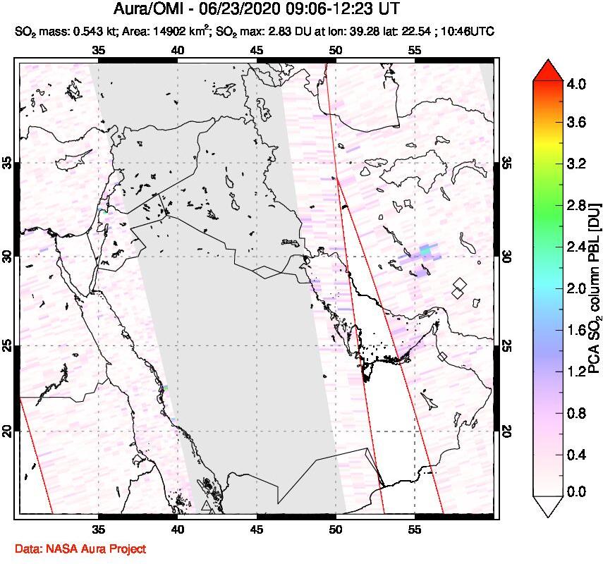 A sulfur dioxide image over Middle East on Jun 23, 2020.