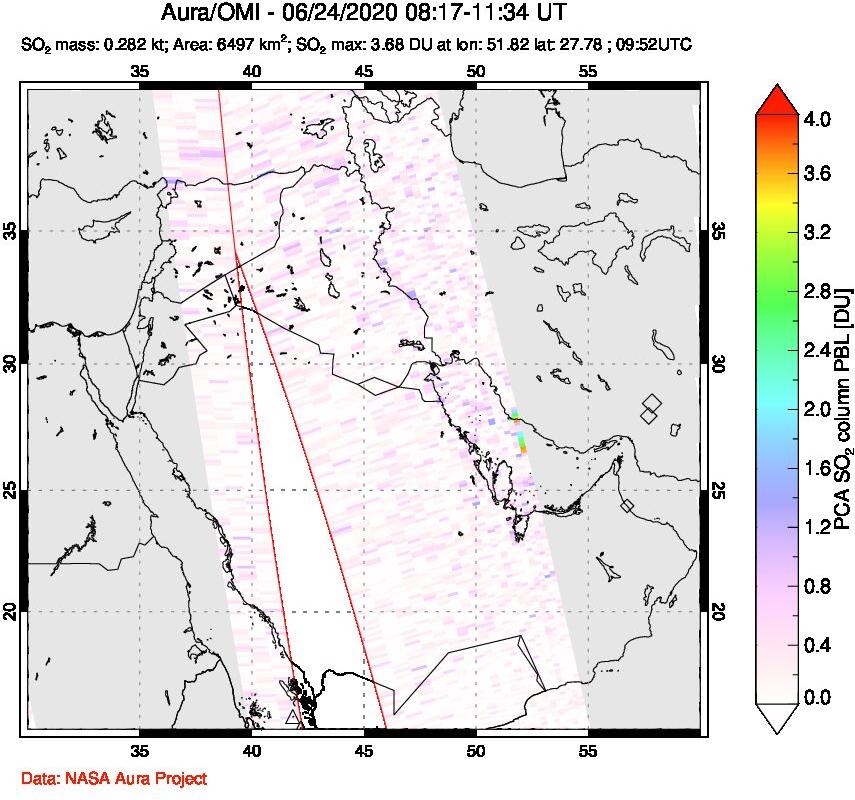 A sulfur dioxide image over Middle East on Jun 24, 2020.