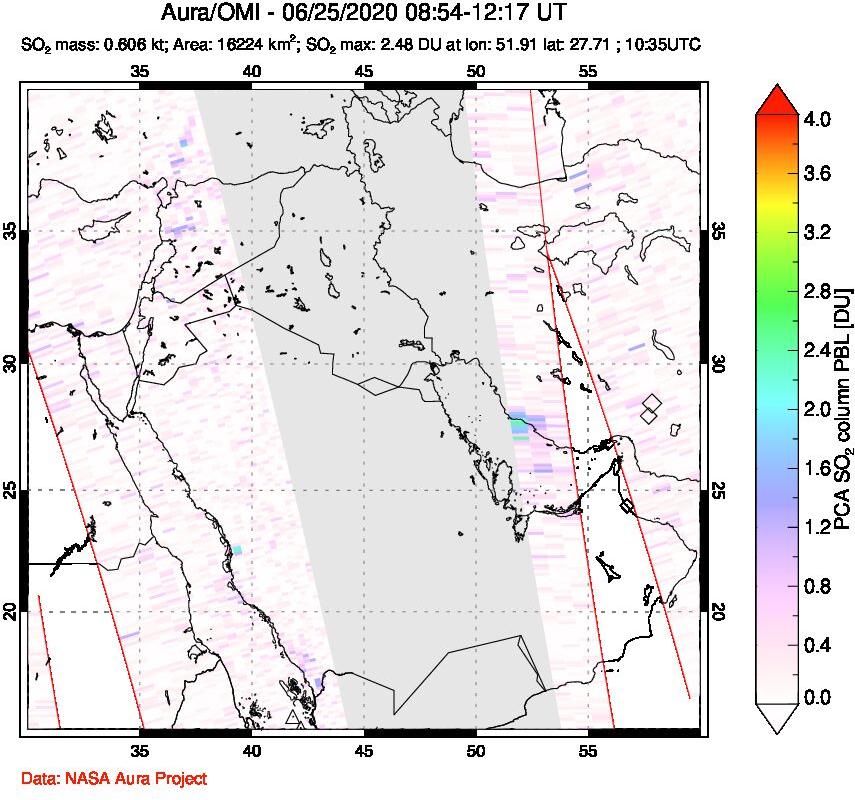 A sulfur dioxide image over Middle East on Jun 25, 2020.