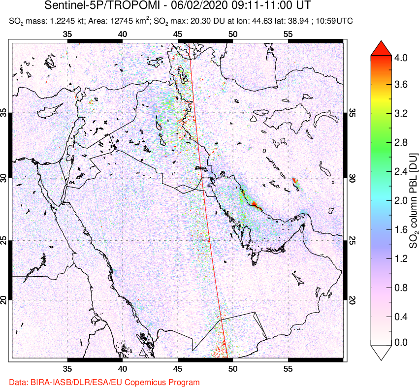 A sulfur dioxide image over Middle East on Jun 02, 2020.
