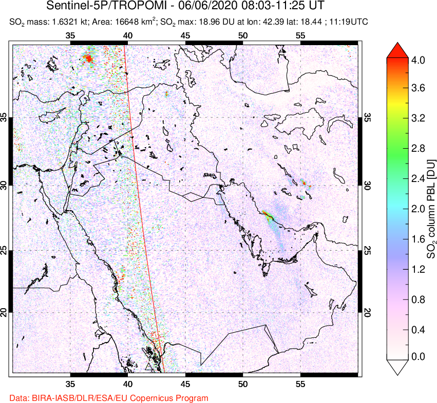 A sulfur dioxide image over Middle East on Jun 06, 2020.