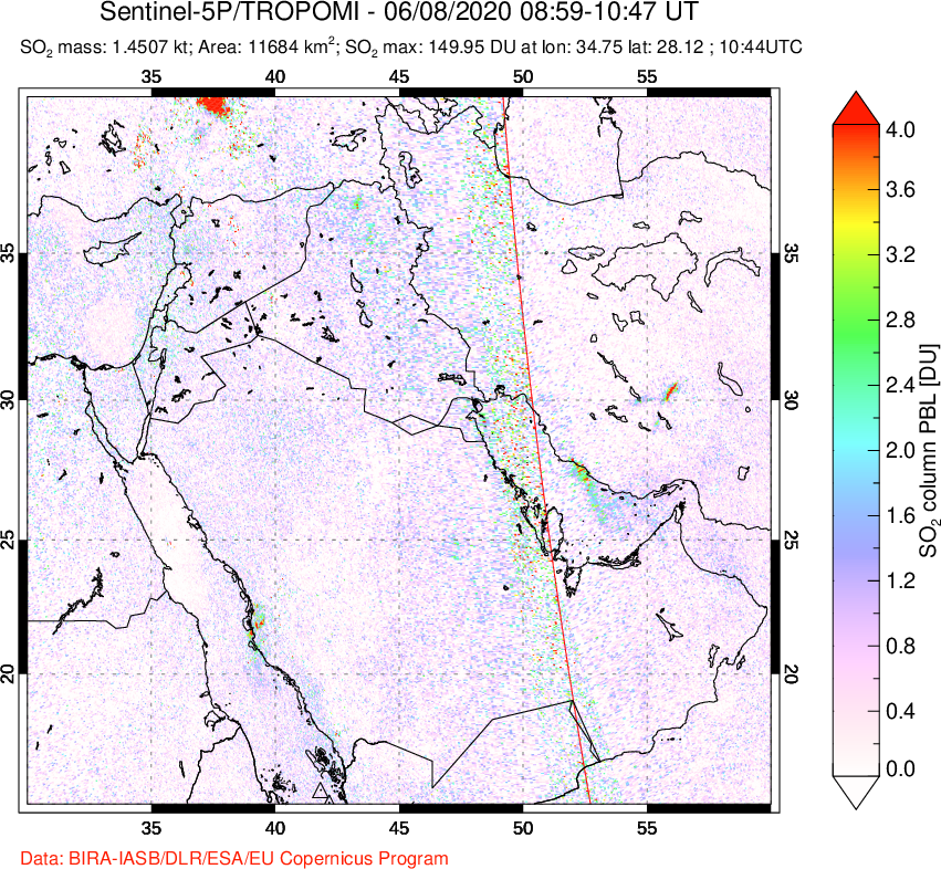 A sulfur dioxide image over Middle East on Jun 08, 2020.