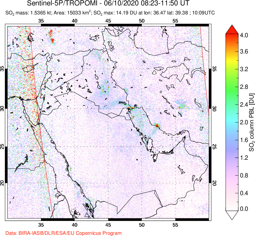 A sulfur dioxide image over Middle East on Jun 10, 2020.