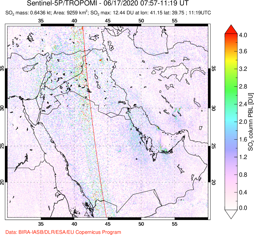 A sulfur dioxide image over Middle East on Jun 17, 2020.