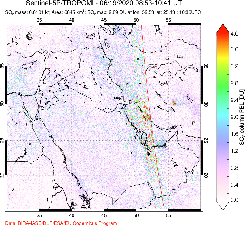A sulfur dioxide image over Middle East on Jun 19, 2020.