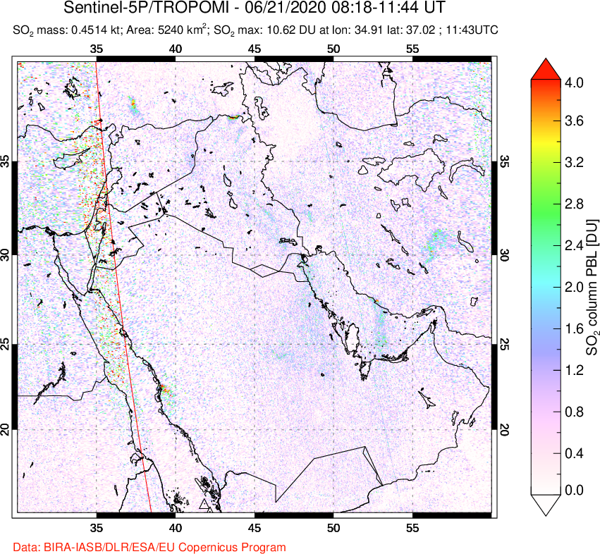 A sulfur dioxide image over Middle East on Jun 21, 2020.