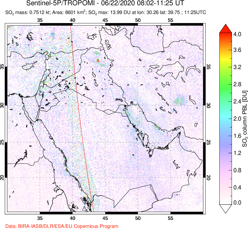 A sulfur dioxide image over Middle East on Jun 22, 2020.