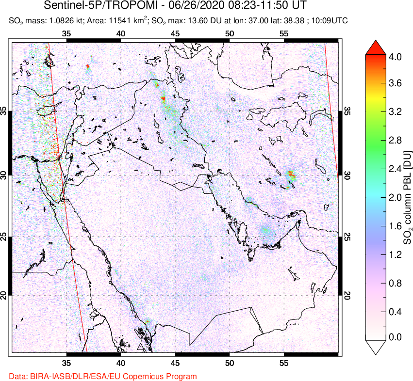 A sulfur dioxide image over Middle East on Jun 26, 2020.