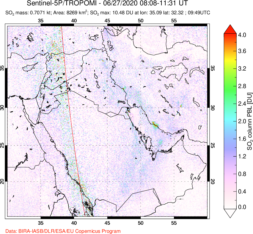 A sulfur dioxide image over Middle East on Jun 27, 2020.