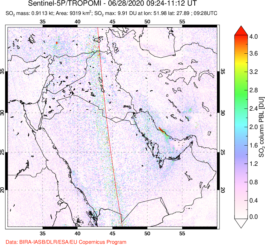 A sulfur dioxide image over Middle East on Jun 28, 2020.