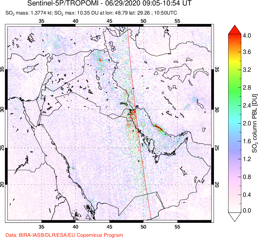 A sulfur dioxide image over Middle East on Jun 29, 2020.