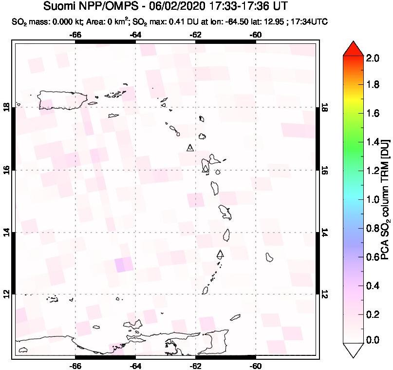 A sulfur dioxide image over Montserrat, West Indies on Jun 02, 2020.