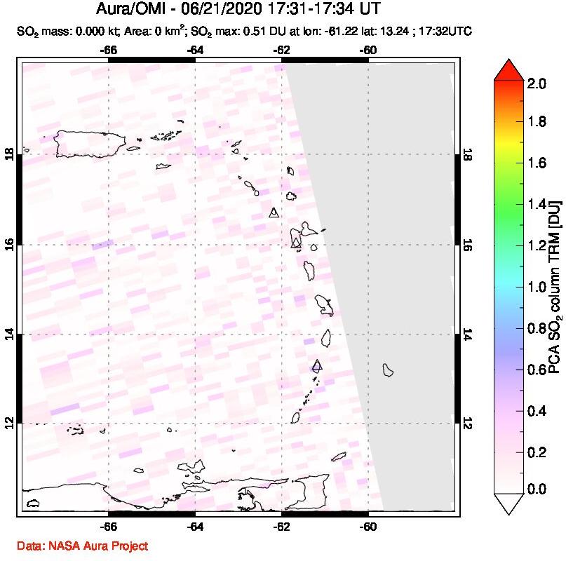 A sulfur dioxide image over Montserrat, West Indies on Jun 21, 2020.