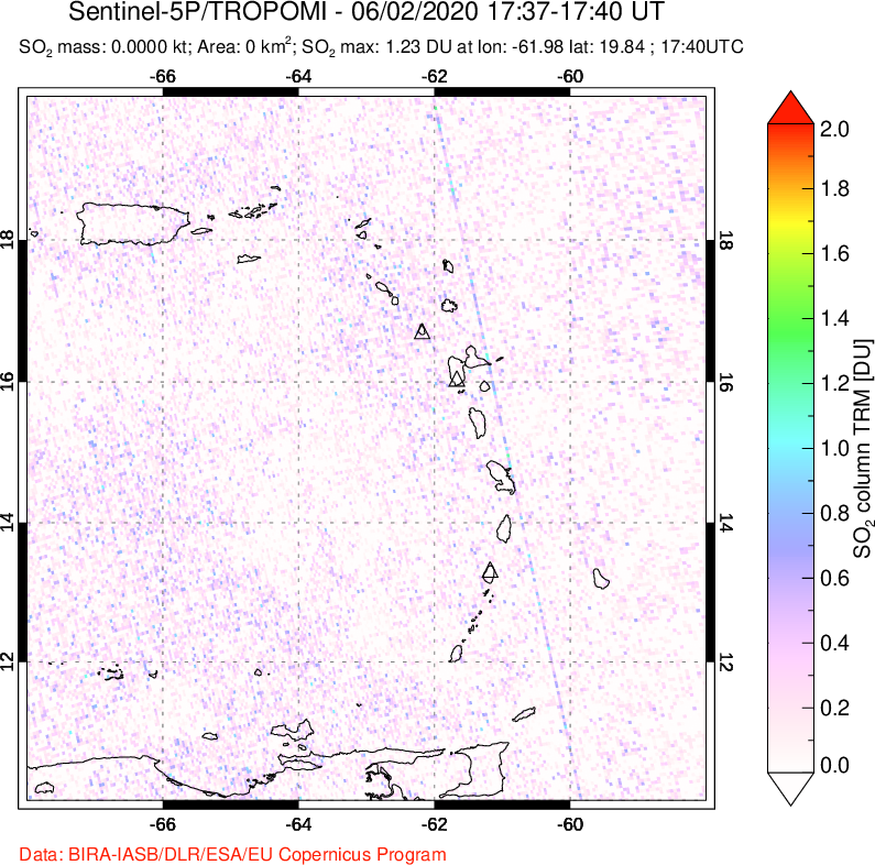 A sulfur dioxide image over Montserrat, West Indies on Jun 02, 2020.