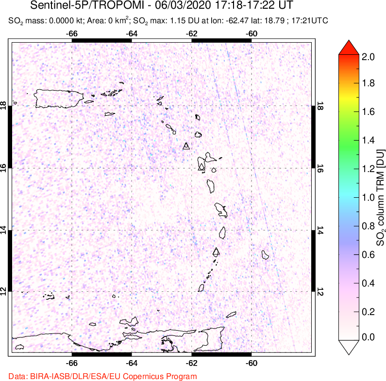 A sulfur dioxide image over Montserrat, West Indies on Jun 03, 2020.