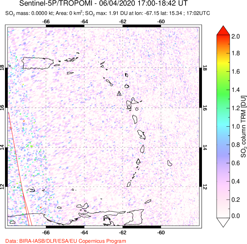 A sulfur dioxide image over Montserrat, West Indies on Jun 04, 2020.