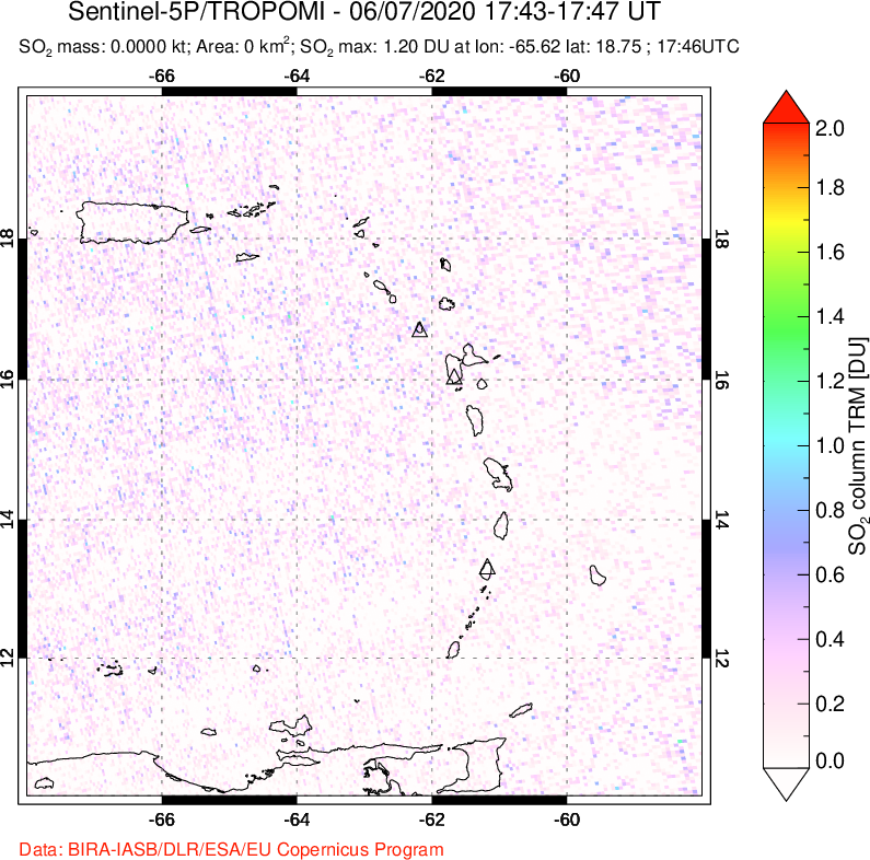 A sulfur dioxide image over Montserrat, West Indies on Jun 07, 2020.