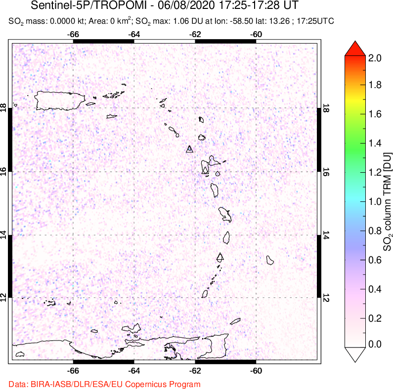 A sulfur dioxide image over Montserrat, West Indies on Jun 08, 2020.