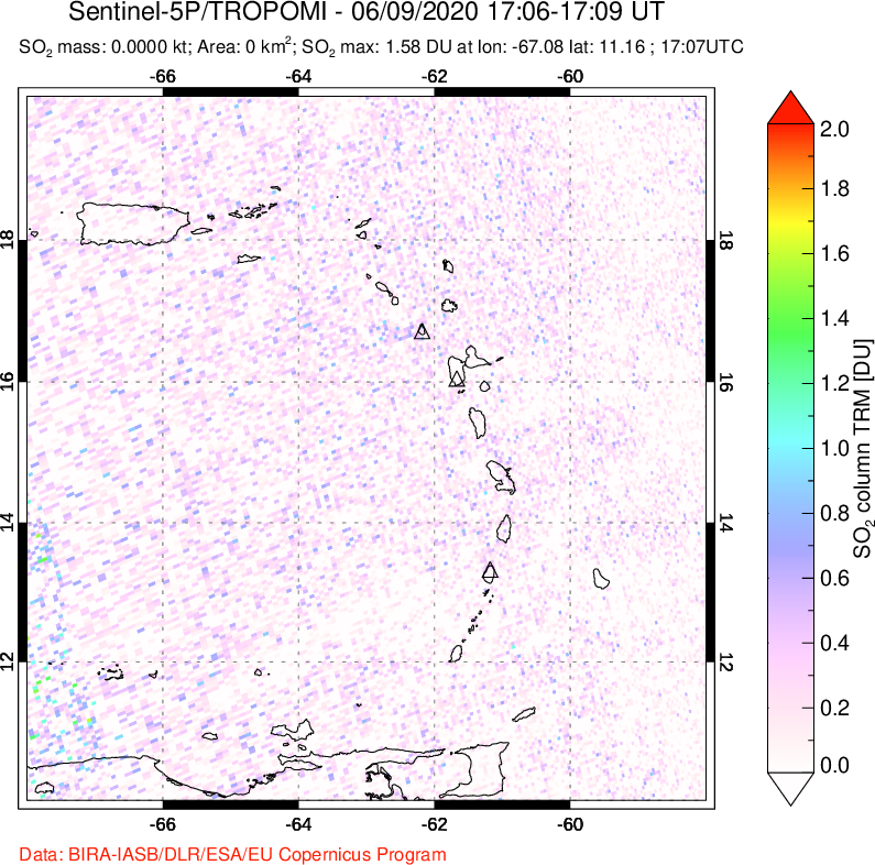 A sulfur dioxide image over Montserrat, West Indies on Jun 09, 2020.