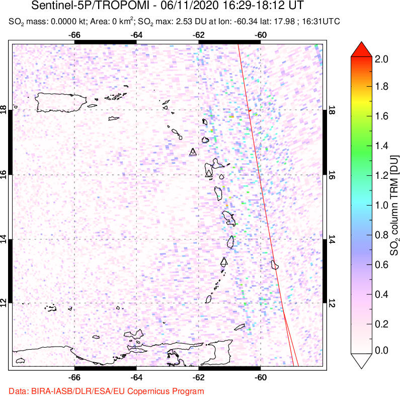 A sulfur dioxide image over Montserrat, West Indies on Jun 11, 2020.