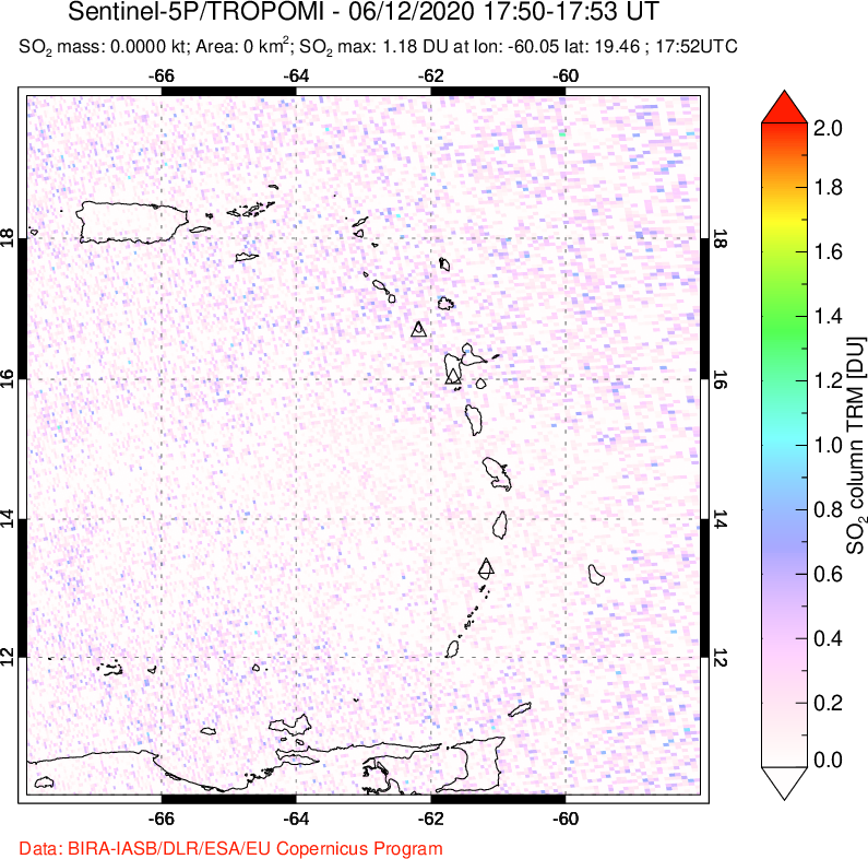 A sulfur dioxide image over Montserrat, West Indies on Jun 12, 2020.