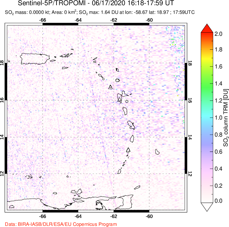 A sulfur dioxide image over Montserrat, West Indies on Jun 17, 2020.