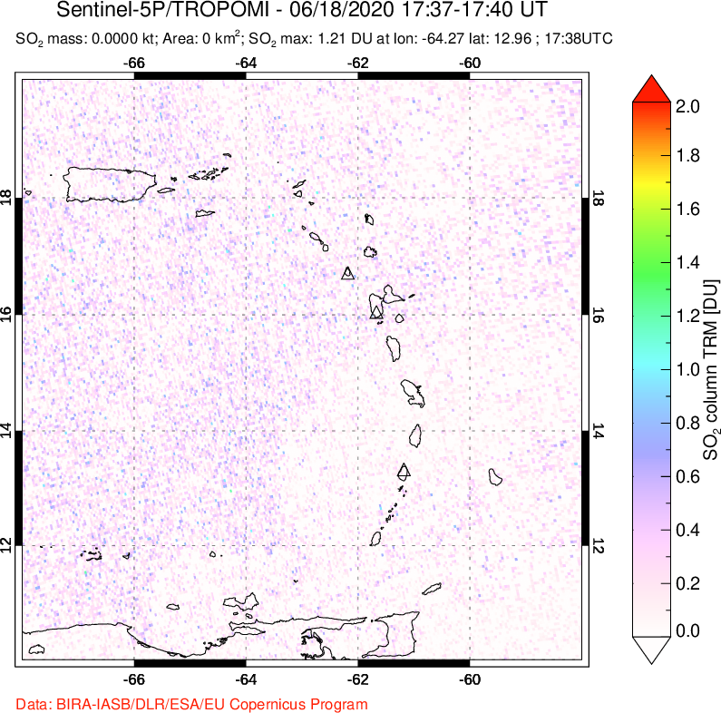 A sulfur dioxide image over Montserrat, West Indies on Jun 18, 2020.