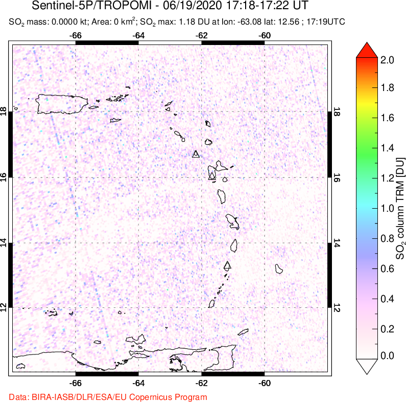 A sulfur dioxide image over Montserrat, West Indies on Jun 19, 2020.
