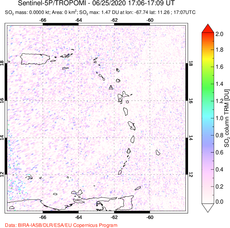 A sulfur dioxide image over Montserrat, West Indies on Jun 25, 2020.