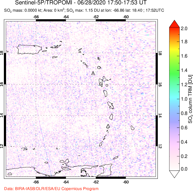 A sulfur dioxide image over Montserrat, West Indies on Jun 28, 2020.