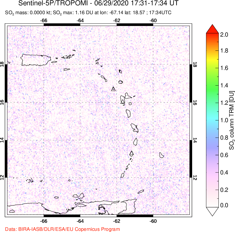 A sulfur dioxide image over Montserrat, West Indies on Jun 29, 2020.