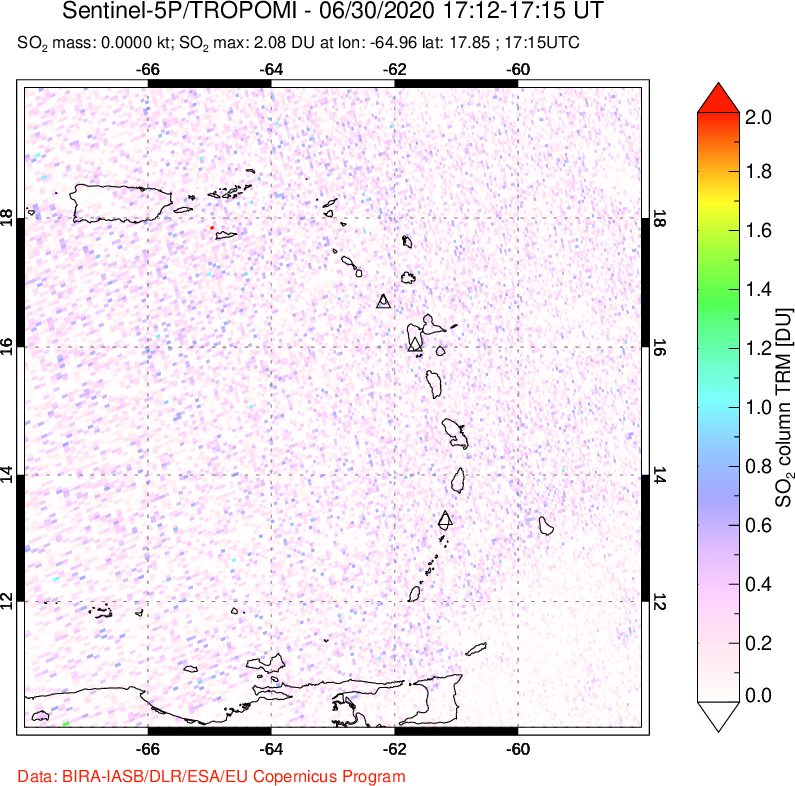 A sulfur dioxide image over Montserrat, West Indies on Jun 30, 2020.