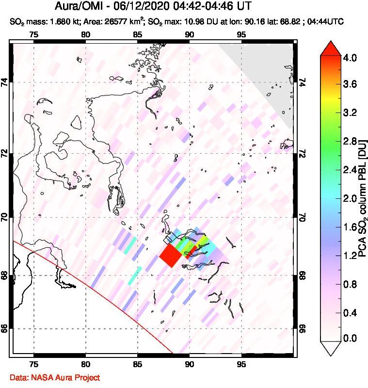A sulfur dioxide image over Norilsk, Russian Federation on Jun 12, 2020.