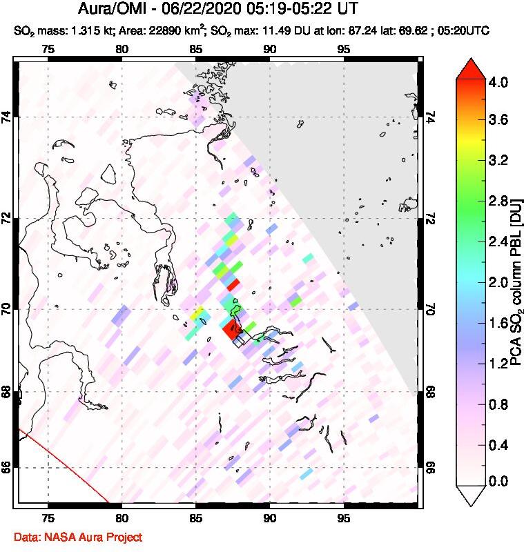 A sulfur dioxide image over Norilsk, Russian Federation on Jun 22, 2020.