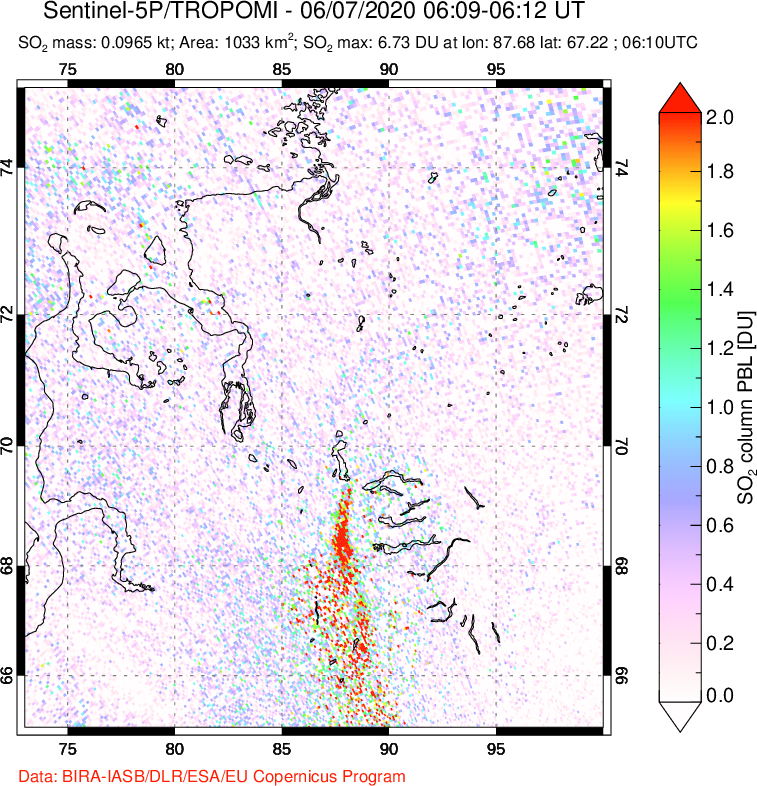 A sulfur dioxide image over Norilsk, Russian Federation on Jun 07, 2020.