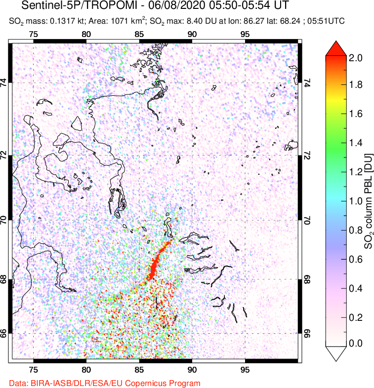 A sulfur dioxide image over Norilsk, Russian Federation on Jun 08, 2020.