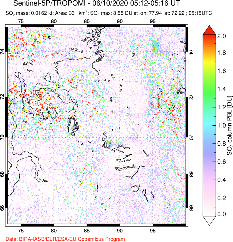 A sulfur dioxide image over Norilsk, Russian Federation on Jun 10, 2020.