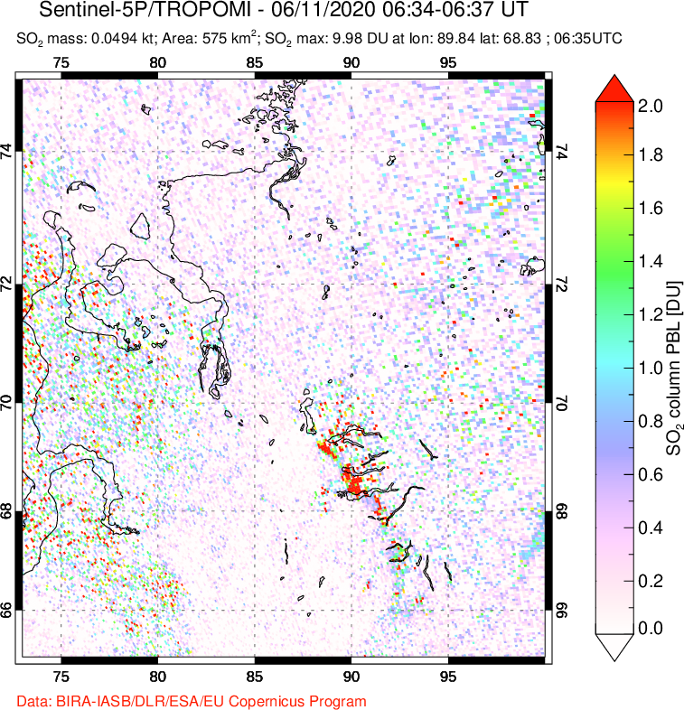 A sulfur dioxide image over Norilsk, Russian Federation on Jun 11, 2020.