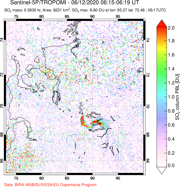 A sulfur dioxide image over Norilsk, Russian Federation on Jun 12, 2020.