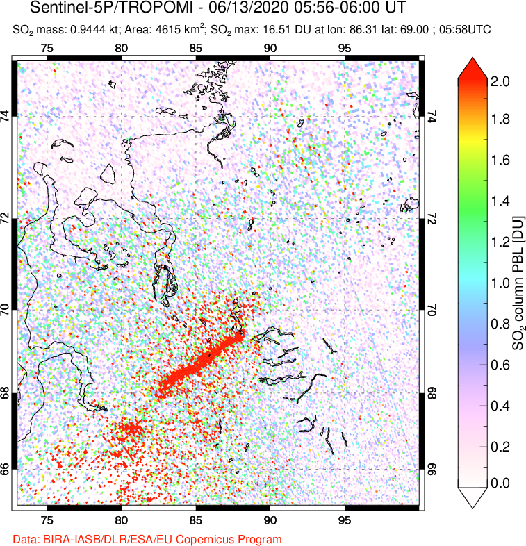 A sulfur dioxide image over Norilsk, Russian Federation on Jun 13, 2020.