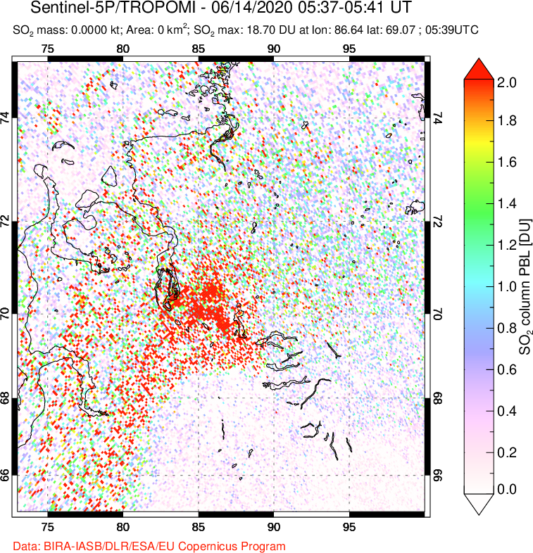 A sulfur dioxide image over Norilsk, Russian Federation on Jun 14, 2020.