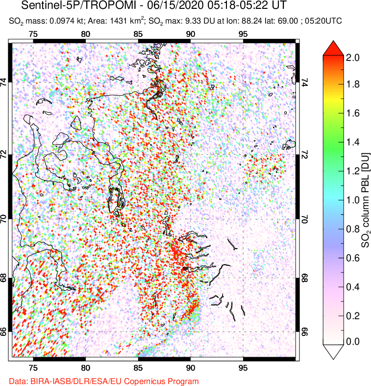 A sulfur dioxide image over Norilsk, Russian Federation on Jun 15, 2020.